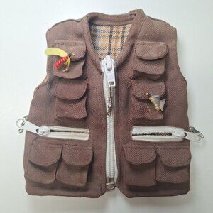 Small Fly Fishing Vest Bear Stuffed Animal Ornament Manly Rugged‎ Zipper Pockets